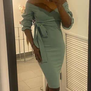 Boohoo Off-Shoulder Midi Dress in Sage